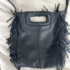 Maje Black Leather Shoulder Bag with Fringe